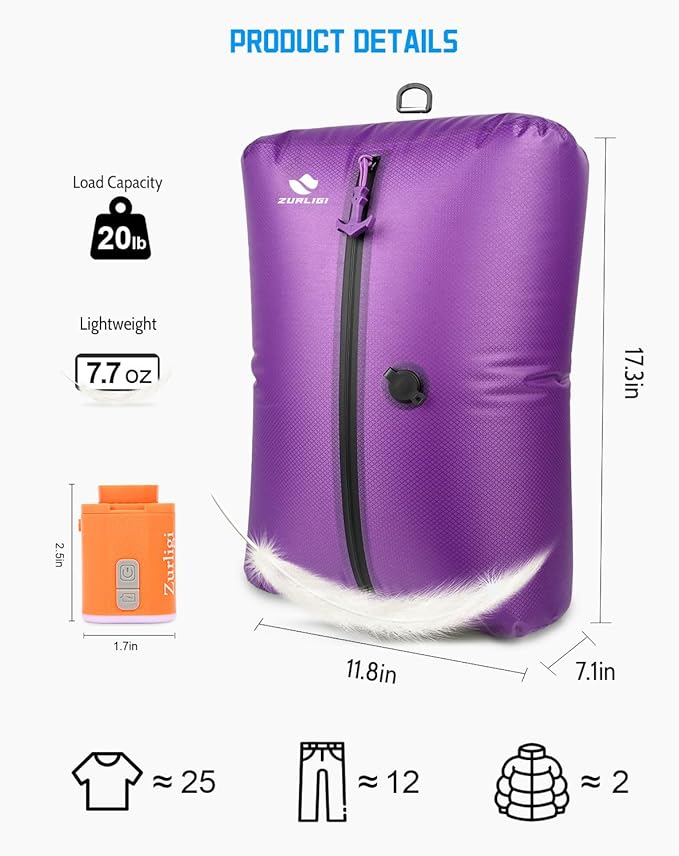 Zurligi Vacuum Compression Bags with Pump for Travel – IPX8 Waterproof Vacuum Packing Cubes, Reusable Carry-On Bags for Clothes, Suitcase & Backpack(2-Pack, Purple)