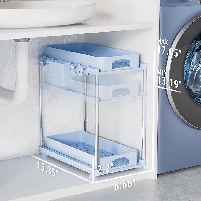 VERIFOST Under Sink Organizer (2 Pack), 2 Tier Under Sink Organizer, Adjustable Height Cabinet Organizer and Storage, in Blue