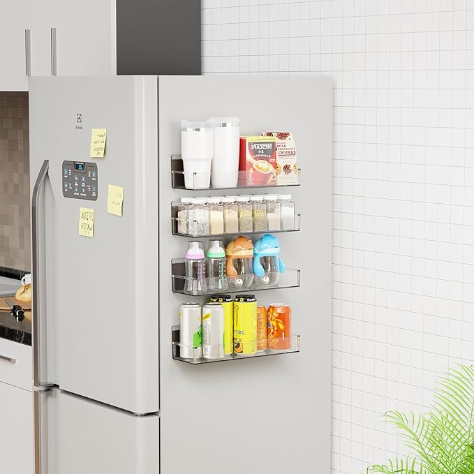Yieach 4 Pack Acrylic Spice Shelf and Hanging Spice Rack Wall Mount with Adhesive for Inside Cabinets Door,Pantry Door,Kitchen and Rv,Narrow Stick on Spice Organization for Seasoning,Jar,Can Shelf