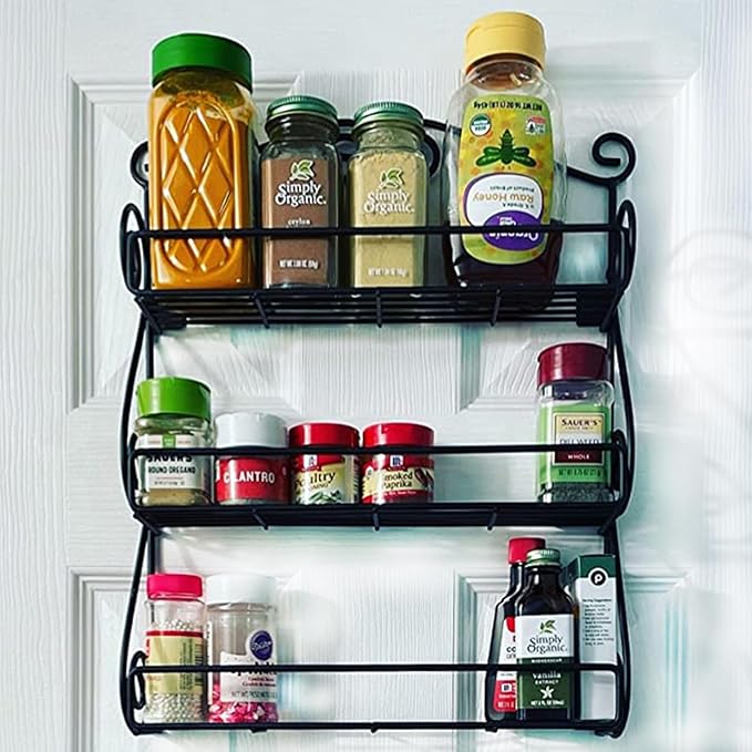 FitWell Scroll Wall Mount Spice Rack, 3-Tier, Traditional Spice Rack Cabinet & Kitchen, Beauty & Nail Polish Organizer for Bathroom, Scroll Wall-Mounted (Black)