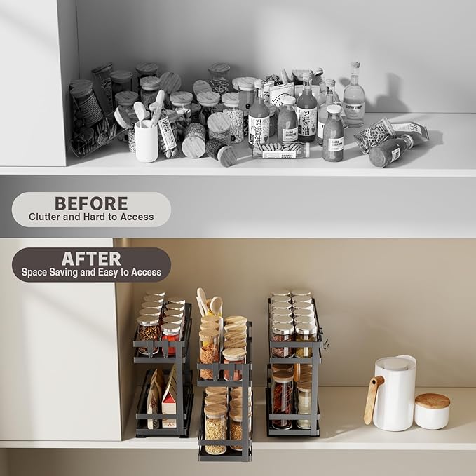 Pull Out Spice Rack Organizer for Cabinet, 1 Pack Metal Seasoning Organizer Slide Out Spice Storage Shelf No Assembly Vertical Spice Rack Pullout for Kitchen & Bahthroom No Drill(2 Tier,Black)