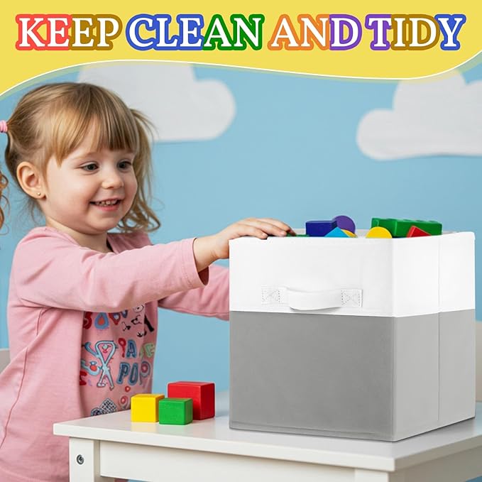 Yinder 6 Pcs Cube Storage Bin 11'' Storage Bins for Room Decor Colorful Bins Foldable Baskets for Nursery Organizer Boxes Fabric Boxes (White Gray)