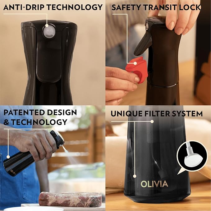 FLAIROSOL OLIVIA SIGNATURE Advanced Kitchen Oil Sprayer Technology, Continuous Fine Mist with Portion Control, Reusable Glass Olive Oil Spray Bottle, Anti-Drip & Leakproof, Black 200ml
