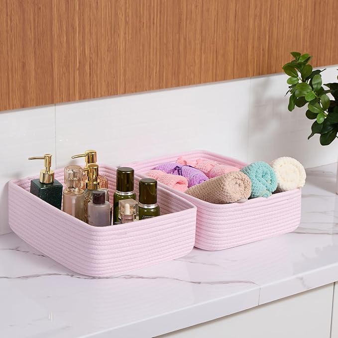 Large Shallow Organizing Baskets 15x11x5.1 Inches - Rope Woven Storage Bins for Bathroom, Shelves, Cube Closet, Light Pink 4 Packs