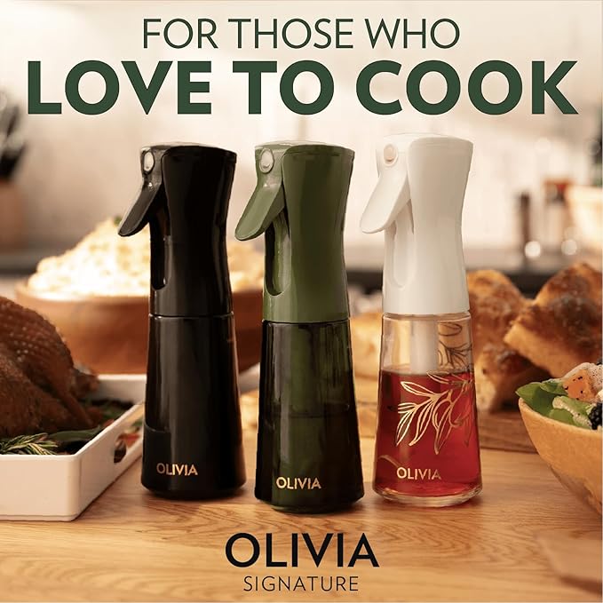 FLAIROSOL OLIVIA SIGNATURE Advanced Kitchen Oil Sprayer Technology, Continuous Fine Mist with Portion Control, Reusable Glass Olive Oil Spray Bottle, Anti-Drip & Leakproof, Black 200ml