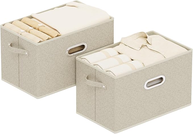 Open Storage Baskets, Collapsible Cube Bins, Fabric Container Organizer with Metal Handles, Boxes for Shelves, Closet, Living Room, 15x9.8x9.8in, Grey and Beige, 2 Pack