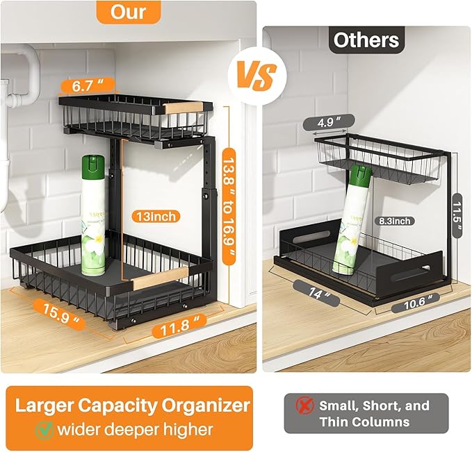 PXRACK 1 Pack Under Sink Organizer,Adjustable Height,2 Tier Pull Out Under Cabinet Organizer,Slide Out Thickened Metal Under Sink Storage for Kitchen Bathroom Laundry Cabinet Pantry,Black
