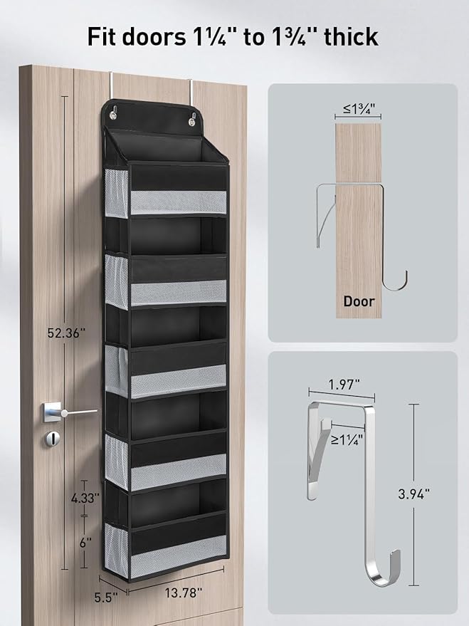 Yecaye 2 Pc Over the Door Organizer with 5 Bins 10 Side Pockets, 44lbs Load Hanging Bathroom and Bedroom Organizer, behind the Door Hanging Organizers for Nursery Newborn Baby Essential Stuff Black