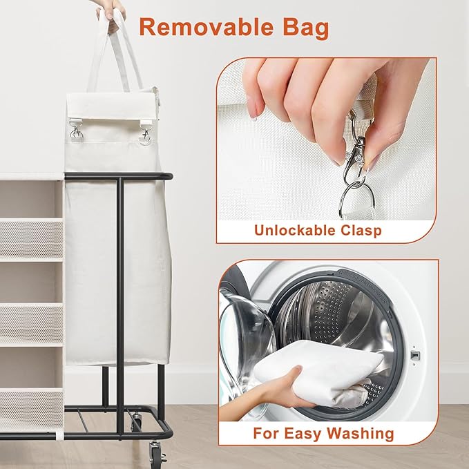 WOWLIVE Laundry Sorter with Wheels 100L Rolling Laundry Hamper with Hanging and Removable Bag Laundry Cart with Steel Frame and Storage Unit Large Basket Organizer for Dorm Room, Bathroom (Beige)