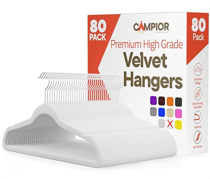 White Velvet Hangers 80 Pack – 360° Swivel Hook, Non-Slip and Space Saving Hangers, Heavy-Duty 11 lbs Weight Capacity - Smooth Velvet Finish for Crease-Free Clothes and Effortless Closet Organization