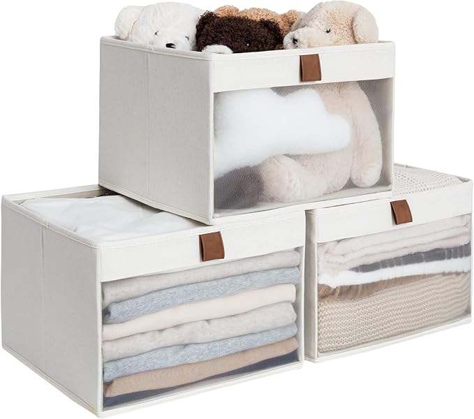StorageWorks Closet Storage Bins, Large Storage Baskets with Clear Window and Handles, Foldable Fabric Organizer for Clothes, Shelves, Beige, 3 Pack