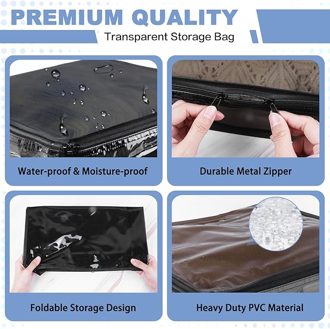 Clear Zippered Storage Bags Plastic Sweater Storage Bags with Zipper 6 Packs Clothing Organizer for Blankets Linen Sweater Bed Sheet Quilt Clothes Pillow (12 x 12 x 4 Inch, Black)