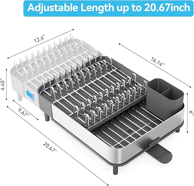 Dish Drying Rack, 304 Stainless Steel Dish Drainer with Removable Utensil Holder & Drain Board, Rustproof Space-Saving Dish Rack for Kitchen Countertop, Grey