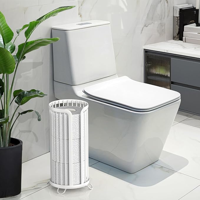 Bunoxea Toilet Paper Holder Stand, Freestanding Toilet Tissue Organizer, Minimalistic Storage Solution, Reserve Mega Rolls-White