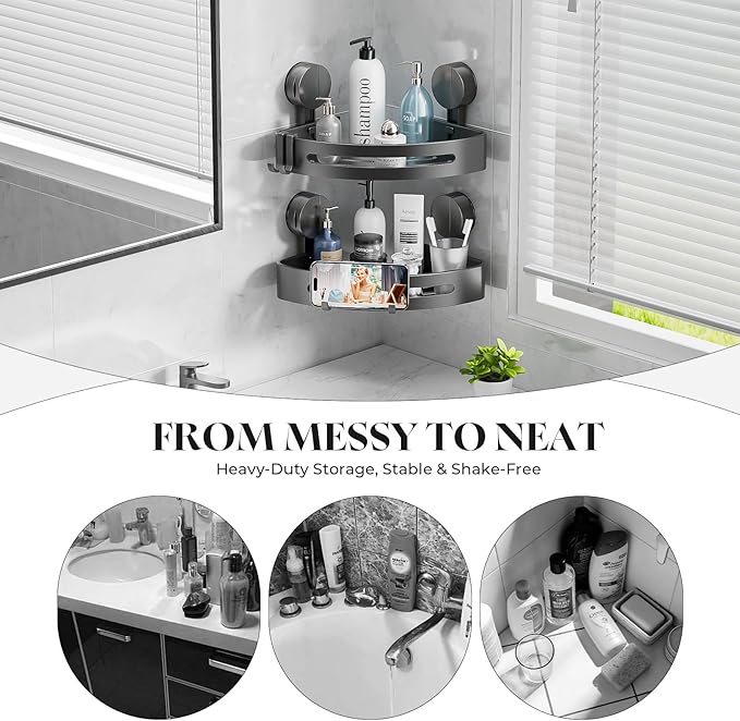 Bathroom Shower Caddy, Suction Cup Corner Shelf,2 Packs Rustproof Wall Mounted Bath Shelves Storage Rack,No Drilling Shower Organizer with 4 Hooks,Kitchen Home Gadget Essentials (Corner-2pack)