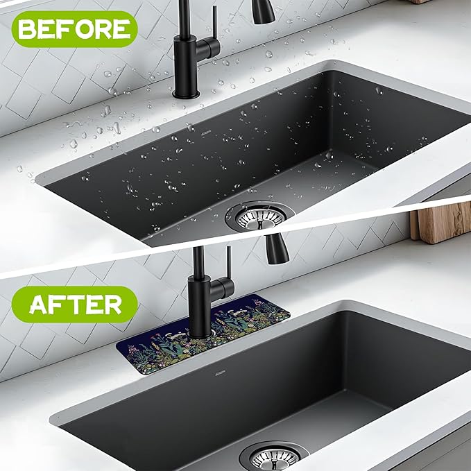 Kitchen Sink Splash Guard Faucet Mat Super Absorbent Fast Drying Mat Guard Behind Faucet Drip Catcher for Kitchen Bathroom (Colorful Herbs and Wild Flowers, 23.5"X5.5")