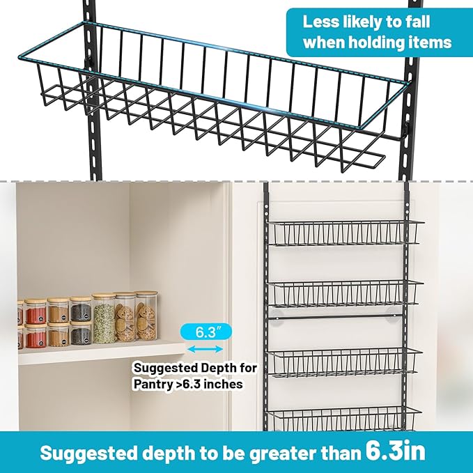 8-Tier Pantry Door Oragnizer, Over The Door Pantry Organizer Rack and Storage, Hanging Spice Rack Shelves Door, Home Office Laundry Room Bathroom & Kitchen Organization Essentials Metal