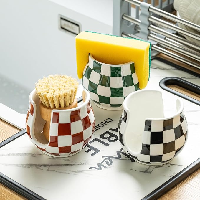 Kitchen Sponge Holder, Ceramic Sponge Organizer Checkered Scrubby Holder Sink Caddy Scrub Dish Rack for Kitchen, Bathroom, Sink, Christmas Decor, Green and White