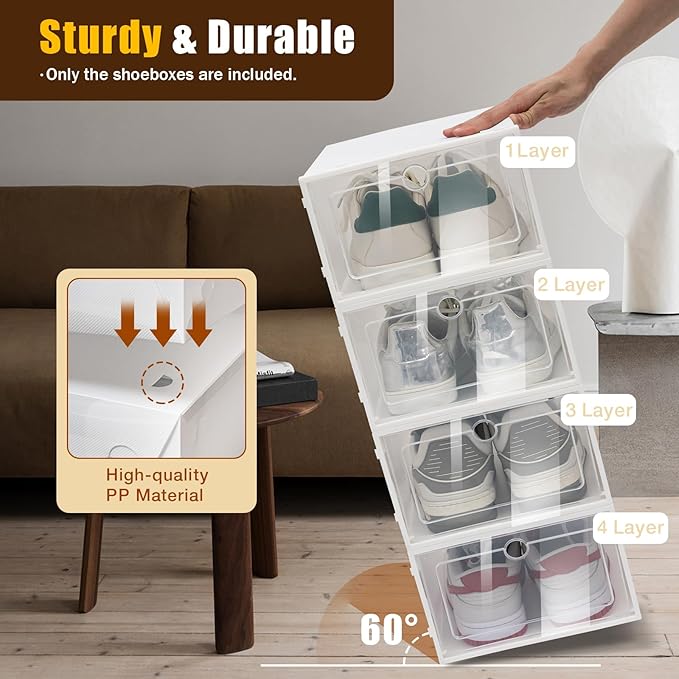 24 Pack Shoe Storage Boxes, Clear Plastic Stackable Shoe Organizer, Foldable Shoe Rack, Angel White | Space-Saving Home & Office Organizatio