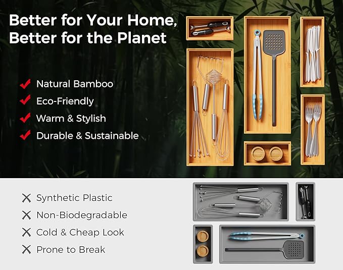 Bamboo Kitchen Drawer Organizer Boxes – 12" x 3" Stackable Wood Silverware Utensil Tray for Drawers Bins, Cutlery & Flatware Storage – Wooden Organizers Set of 2 for Junk Drawer, Bathroom, RV