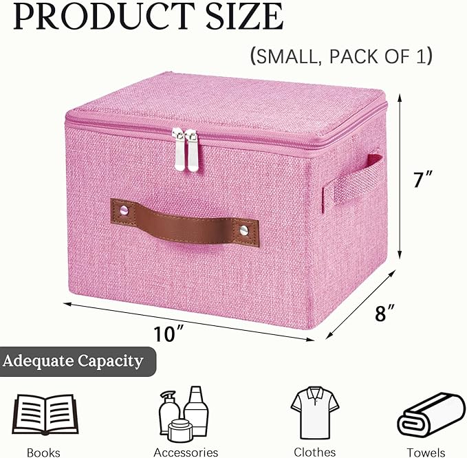 Storage Bins with Zipper Lid Foldable Fabric Lidded Storage Boxes Baskets Cubes Washable Collapsible PU Leather Handle Cotton Linen Shelves Closet Organizer Container(Pink, Small Size)