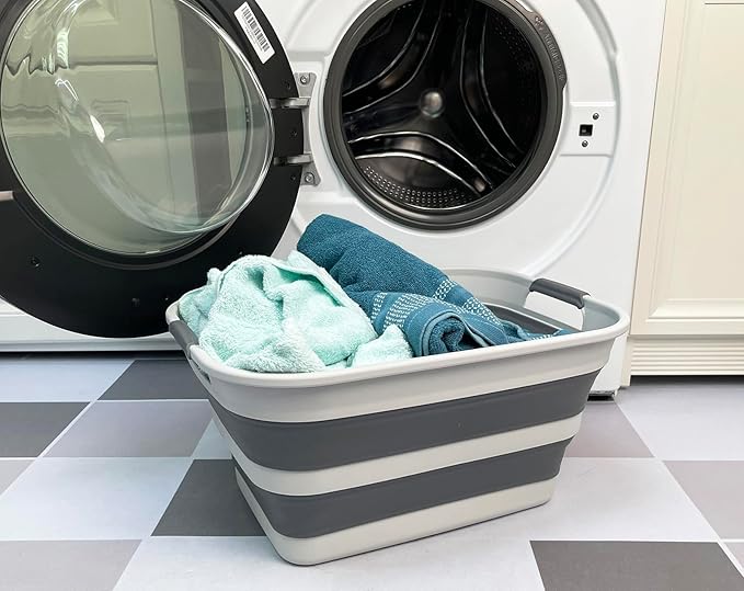 SMMART Collapsible Plastic Laundry Basket with Handle/Foldable Pop Up Storage Hamper/Portable Laundry Organizer-Space Saving Washing Tub/Household Storage Supplies (Grey/Steel Grey, 27L)