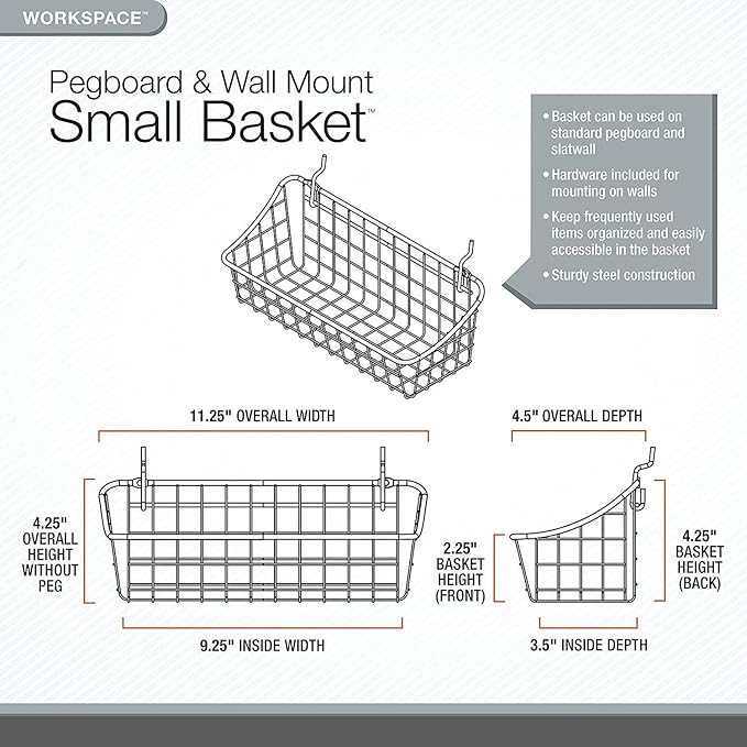 Spectrum Pegboard & Wall Mount Wire Basket Small (Industrial Gray) - Storage & Organizer for Garage, Tools, Shed, Home, Work Bench, Crafts, & More