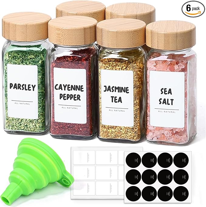 ComSaf 4 oz 6Pcs Glass Spice Jars with Label, Empty Spice Containers with Bamboo Lids, Square Seasoning Containers Trial and Supplement Set, Small Seasoning Bottles for Salt, Herbs, Sugar, Pepper