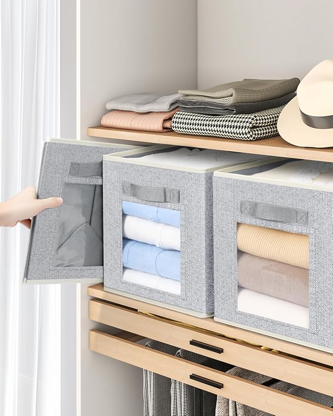 Foldable Storage Cubes - Cubby Storage Organizer with Window, Decorative Baskets for Organizing, 11 Inch Fabric Cube Shelf Bins, Set of 10, Light Gray