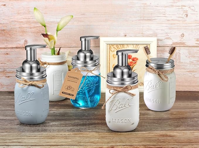 Mason Jar Bathroom Accessories Set(4pcs)-Jars Not Included - Foaming Soap Dispenser and Jars Lids for Regular Mouth jar, Wide Mouth Toothbrush Holder lid, Farmhouse Decor-Brushed Nickel