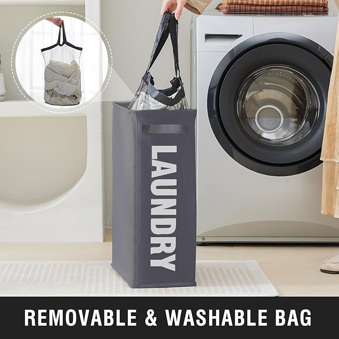Slim Laundry Hamper with Removable Inner Bag and Side Handles, 45L Small Laundry Baskets to Store Clothes, Narrow Dirty Clothes Hamper for Laundry Room, Bathroom, Bedroom, and Living Room - Grey