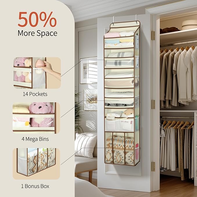 Yecaye 6 Tier Over The Door Organizer with Detachable Bin, Stuffed Animal Storage with Clear PVC Windows, Door Organizer Hanging for Bedroom Nursery Closet Dorm Room Laundry Pantry Bathroom, Beige
