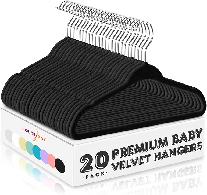 HOUSE DAY 11 Inch Black Velvet Baby Hangers 20 Pack, Premium Kids Hangers for Children, Infant & Toddler Clothes, Durable Non Slip Baby Felt Hanger for Closet, Ideal for Everyday Use