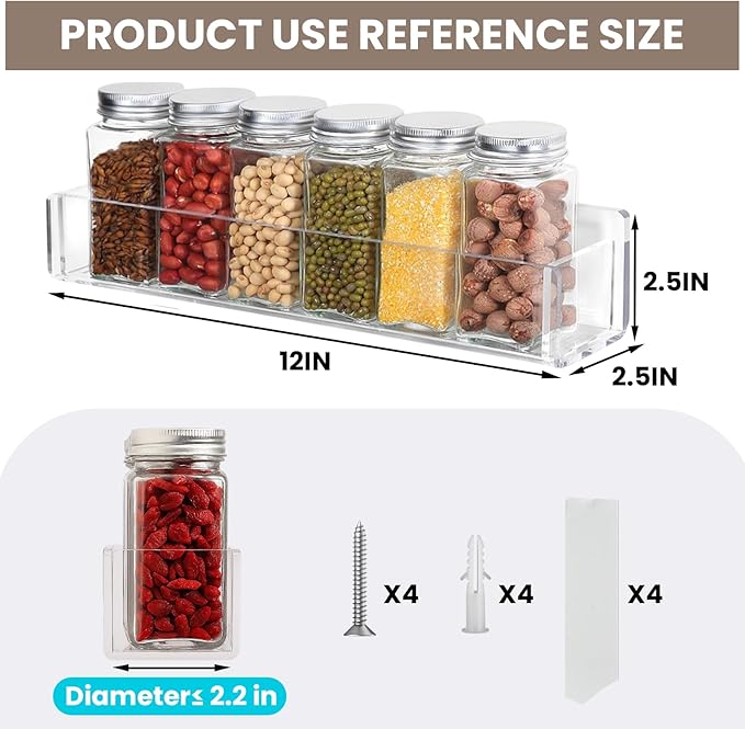 Acrylic Spice Racks for Wall Mount, 2-Pack Clear Cabinet Door Spice Rack with Nano Tape & Screws