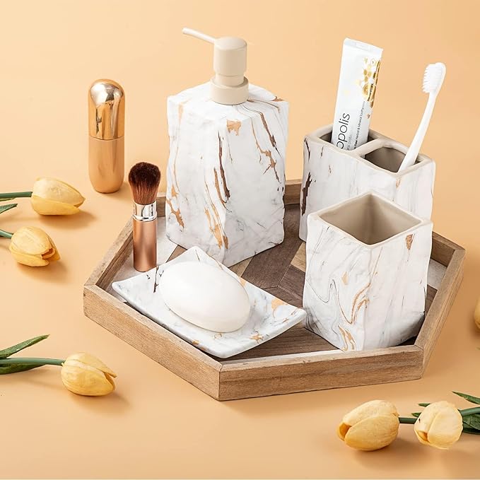 Bathroom Accessories Set 4 Pcs Marble Look Sets Toothbrush Holder Soap Dispenser Counter Top Ceramic Bathroom Decor Set Gold