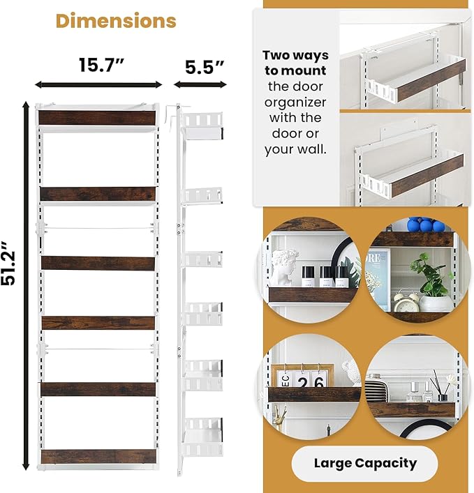 Over-The-Door Organizer – 6-Tier Wooden Pantry Storage Shelf with 12 Hooks, Wall-Mount or Hanging Spice Rack for Kitchen, Bathroom, or Closet