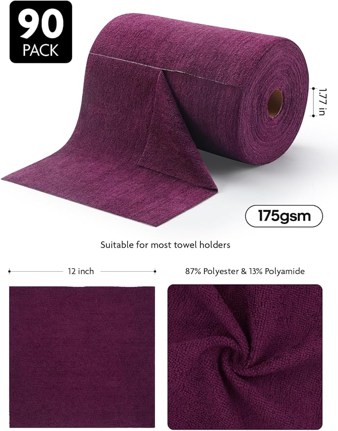 Fantasticlean Microfiber Cleaning Cloth Roll -90 Pack, Tear Away Microfiber Towels, 12" x 12", Reusable, Washable, Scratch Free, Ultra Absorbent for All-Around Cleaning Supplies (Deep Purple)