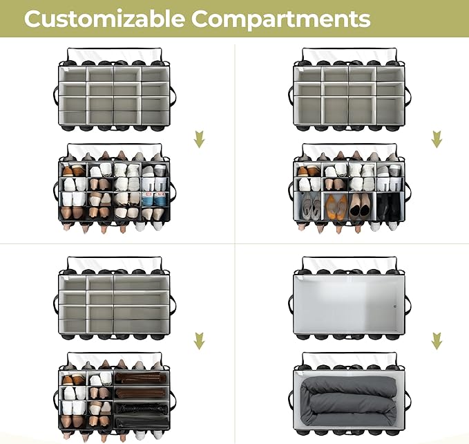 Shoe Organizer for Closet, Shoe Storage Solution with Clear Cover & Adjustable Dividers, Fabric Shoe Box Fits 16 +12 Pairs Shoes, Black, 2-Pack