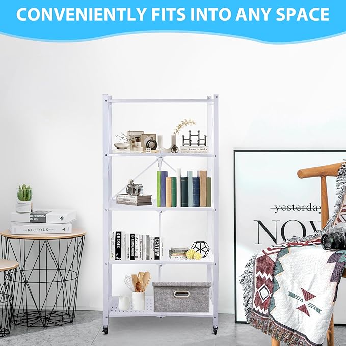 5-Tier Foldable Storage Shelf with Wheels, Metal Collapsible Shelving Unit, Heavy-Duty Rolling Cart for Kitchen Pantry Garage Office, Pre-Assembled Organizer Rack – White