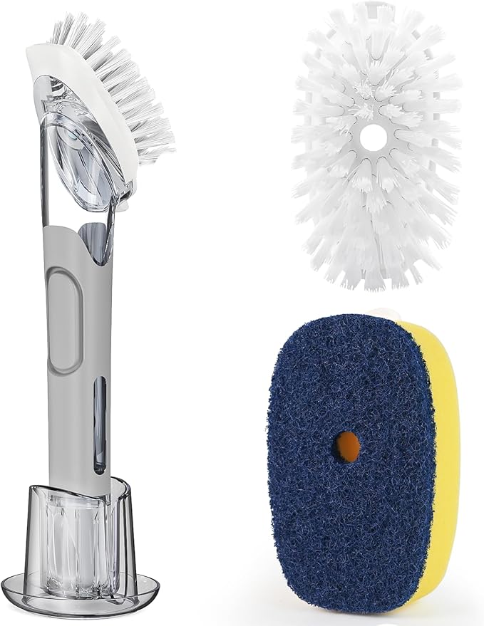 Dish Brush with Soap Dispenser Storage Set with 2 PCS Brush Refills & Holder, Dish Scrubber with Soap Dispenser, Dish Soap Brush, Dish Wand with Soap Dispenser for Dishes, Pans, Sink, Pots(Gray)