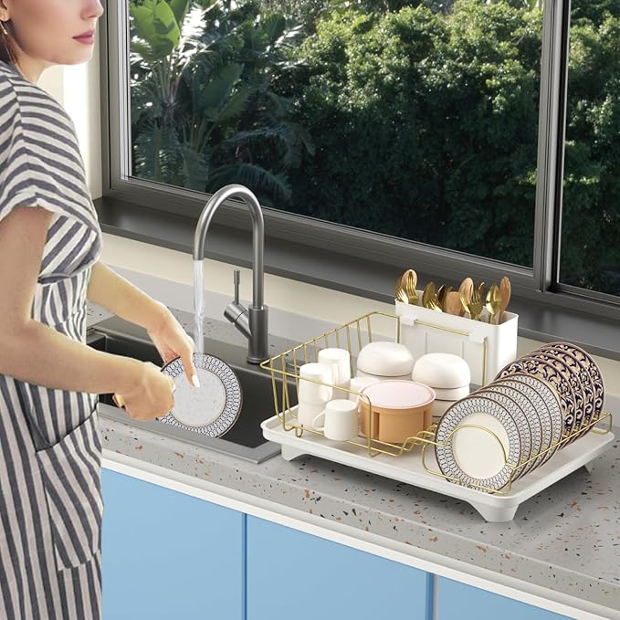 Buruis Dish Drying Rack for Kitchen Countertop, Large Capacity Gold Stainless Steel Dish Drainer with Anti-Slip Rubber Feet, Removable Drain Board and Utensil Holder (White Tray)