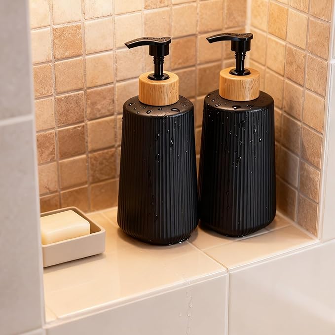 Glass Soap Dispenser, Thickened Glass Hand Soap Dispenser for Bathroom, Kitchen Dish Washing Liquid Bottles, Shampoo and Conditioner Bottles, Modern Farmhouse Style, (Black, Set of 1, 12oz)
