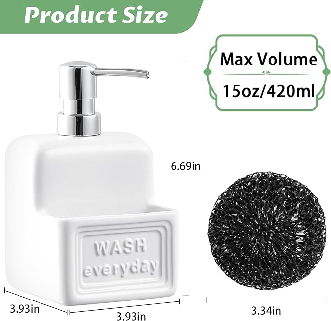 Soap Dispenser with Sponge Holder Ceramic Hand and Dish Soap Dispenser 15oz for Kitchen Bathroom