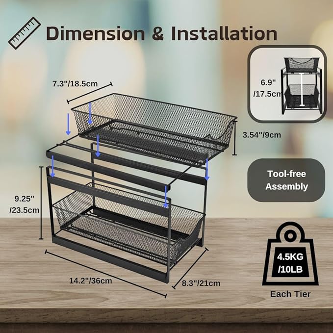 IBERG 2 Tier Under Sink Organizer, Pull Out Mesh Metal Storage Organizer for Kitchen, Bathroom & Pantry (Black)