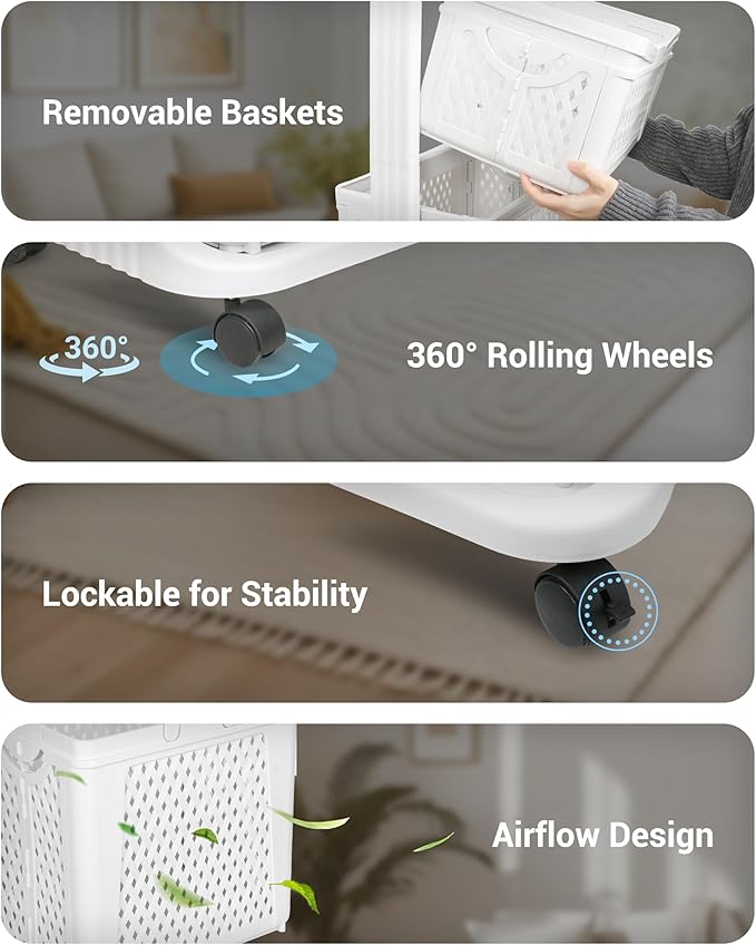 4 Tier Laundry Basket Organizer, 92L Vertical Laundry Hamper, Removable Rolling Sorter Baskets With Wheels for Small Space, Dorm, Bathroom, Bedroom