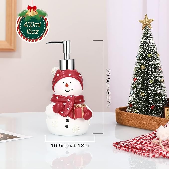 Luxspire Snowman Soap Dispenser, Christmas Decor Resin Liquid Hand Soap Dispenser Refillable Dish Soap Lotion Bottle Jar No Leak for Kitchen Shower Bathroom Countertop, 450ml