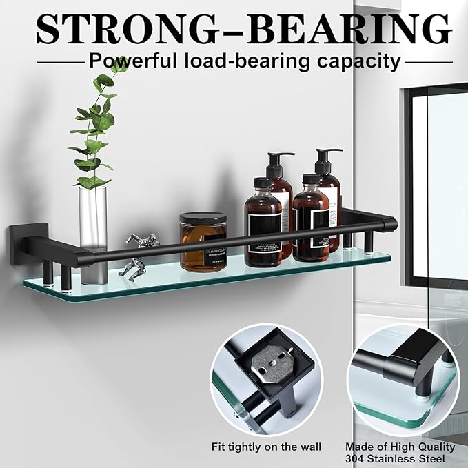 SFGSOWOR Bathroom Glass Shelf 20IN Rectangular Stainless Steel Tempered Glass Shelves Modern Stainless Steel Wall Mount Bathroom Shelf (Matte Black, 20‘’)