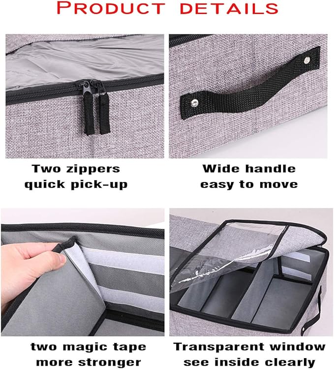 AARAINBOW 2 Packs Foldable Under Bed Shoes Organizer with Lids, Underbed Clothes Storage Container with Divider, UnderBed Storage Bins Box with Clear Window (Gray+Coffee)