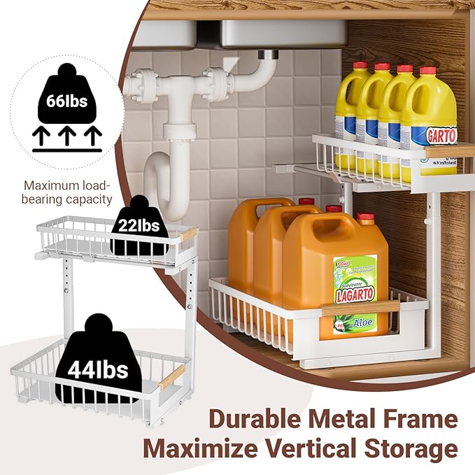 Under Sink Organizer 2-Pack 2 Tier Pull out Cabinet Organizer Shelf Metal Undersink Rack for Kitchen Bathroom Pantry Cabinet Organization and Storage, White