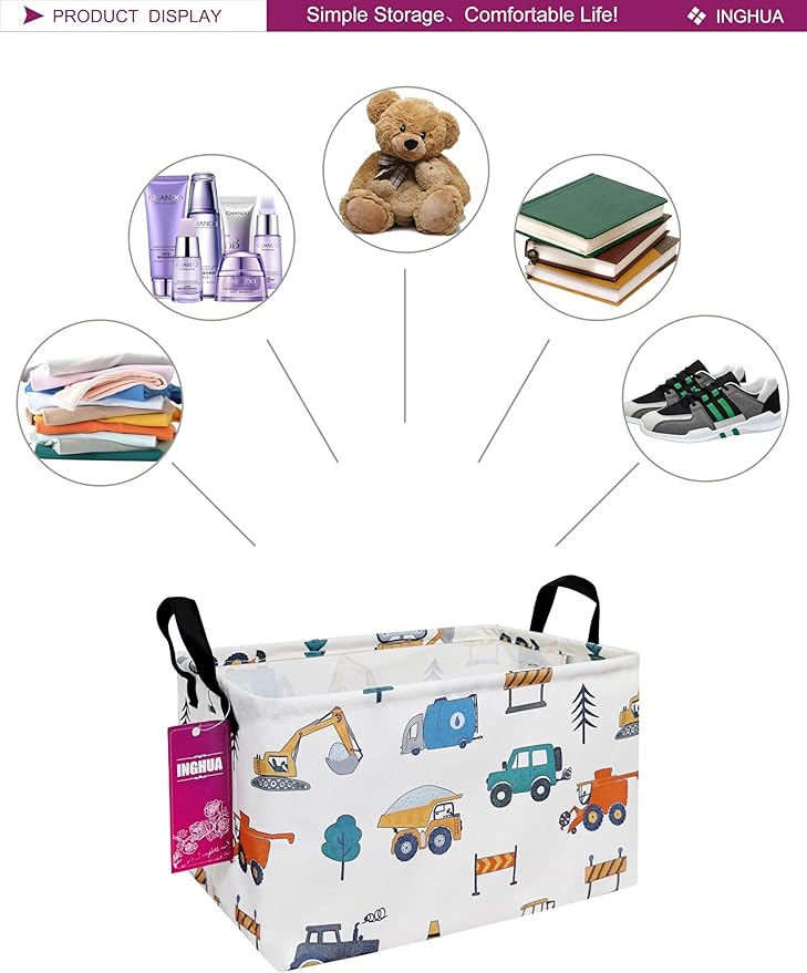 Rectangular Storage Basket Fabric Organizer Bin for Toys,Books,Clothes,Gifts,Pets-Perfect for Home,Office,Nursery,Dorm,Shelf(Rec-Vehicles )